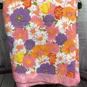 Vintage Acrylic Pink Satin Trim Blanket Floral Flowers Twin 70x94